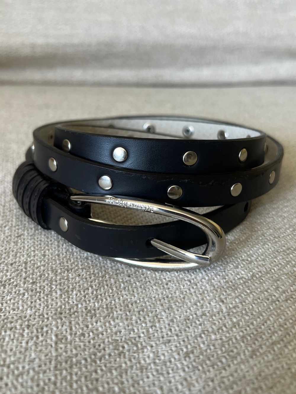 Etienne Aigner Black Leather Belt Silver Grommet Stud Belt Thin Oval Buckle L XL